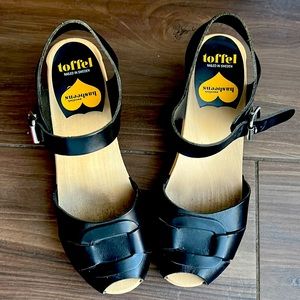 Black leather peep toe leather clog sandals.  gently worn.